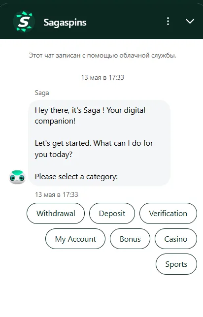 Saga Spins Casino support